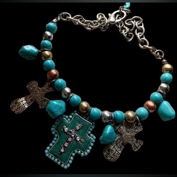 Turquoise Blue Green Cross Rhinestones Boot Chain Jewelry Southwestern Country - Picture 3 of 8